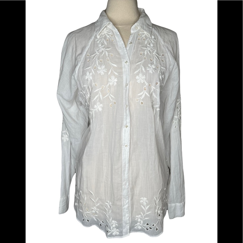 Free People White Embroidered Button-Up Blouse